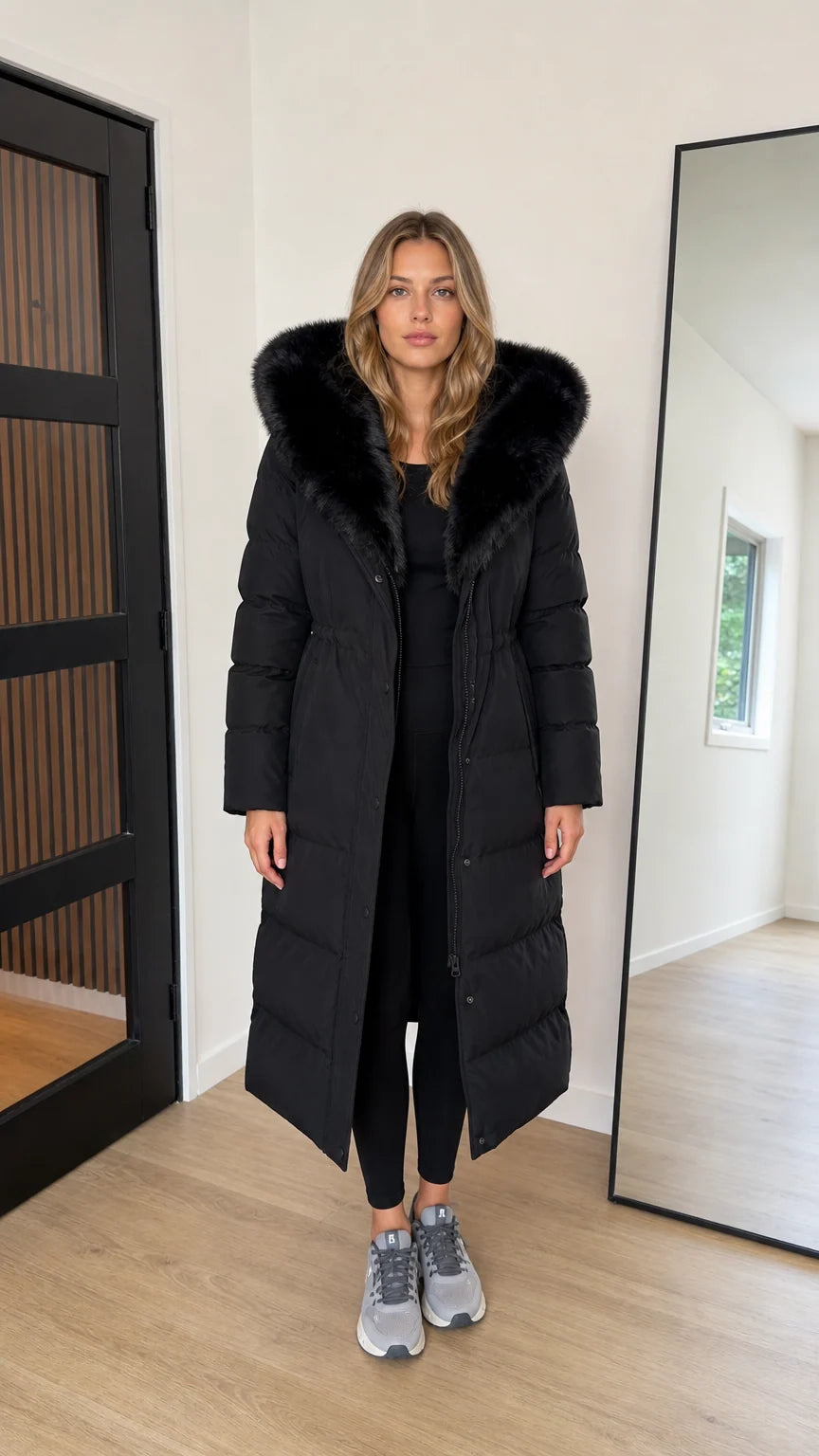 Women's Hooded Maxi Puffer Coat with Plush Trim Long Winter Parka