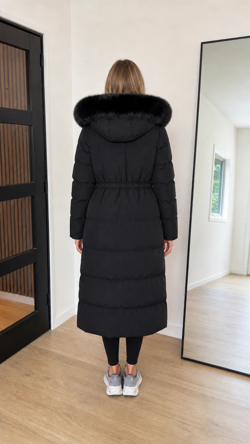 Women's Hooded Maxi Puffer Coat with Plush Trim Long Winter Parka