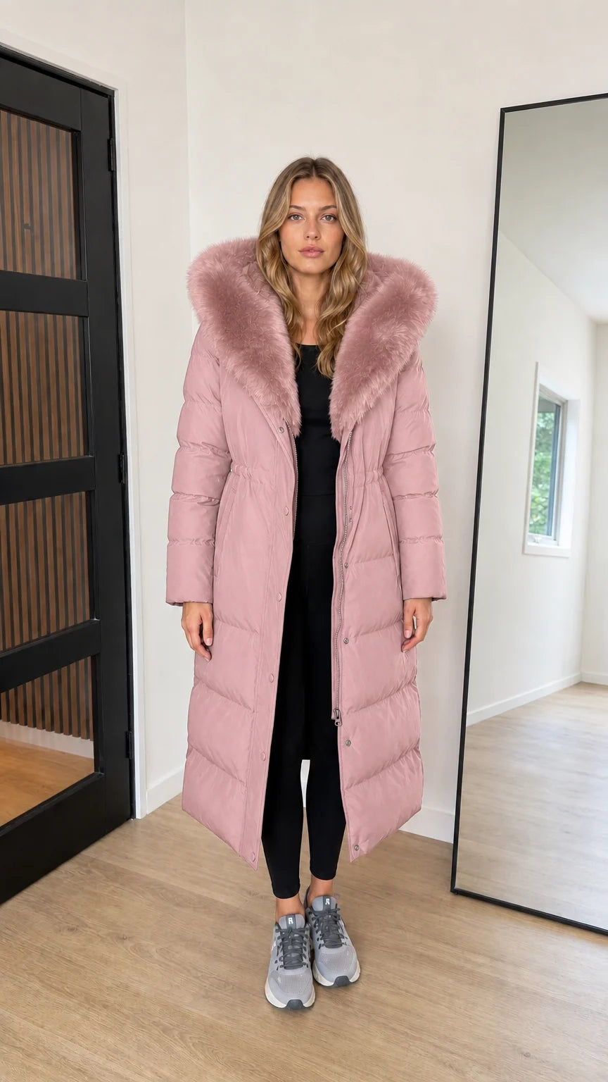Women's Hooded Maxi Puffer Coat with Plush Trim Long Winter Parka
