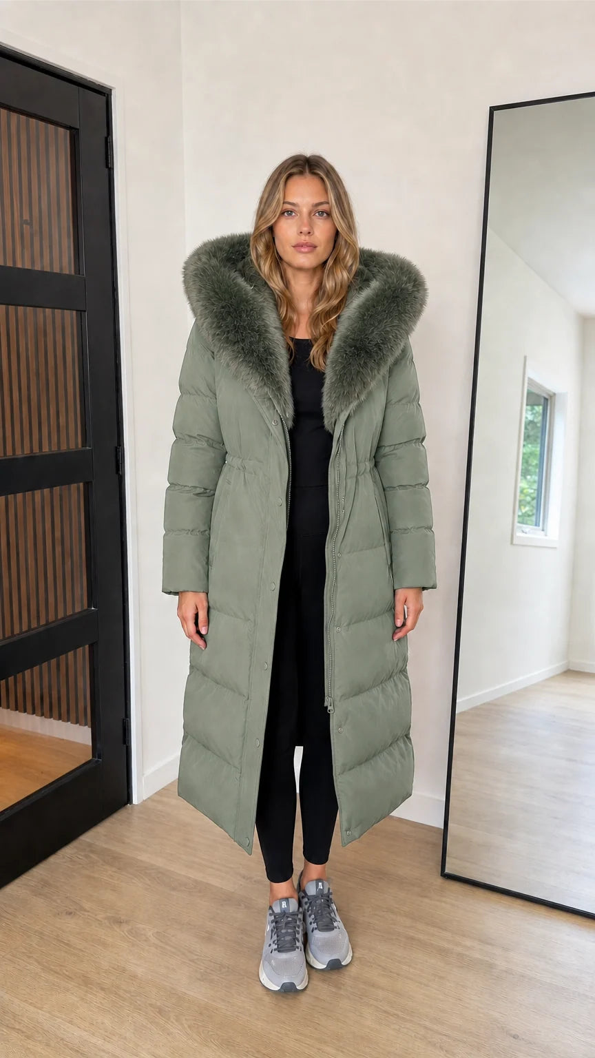 Women's Hooded Maxi Puffer Coat with Plush Trim Long Winter Parka