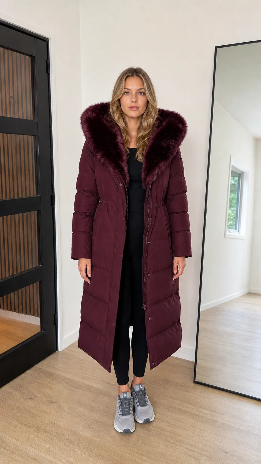 Women's Hooded Maxi Puffer Coat with Plush Trim Long Winter Parka