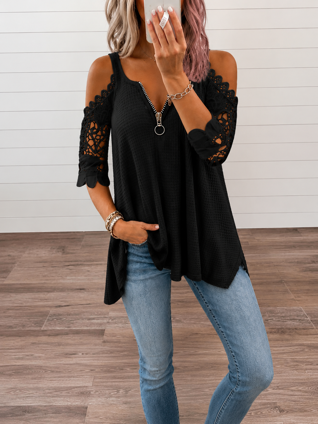 Estela - Camiseta de encaje para mujer con hombros descubiertos.