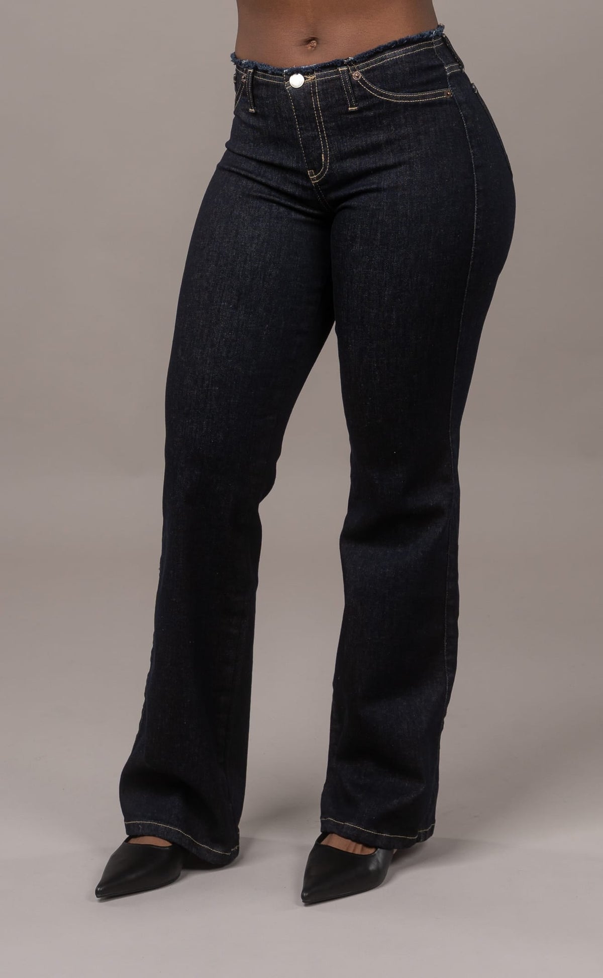 Raw Waist Flared Fitjeans - Dark Blue
