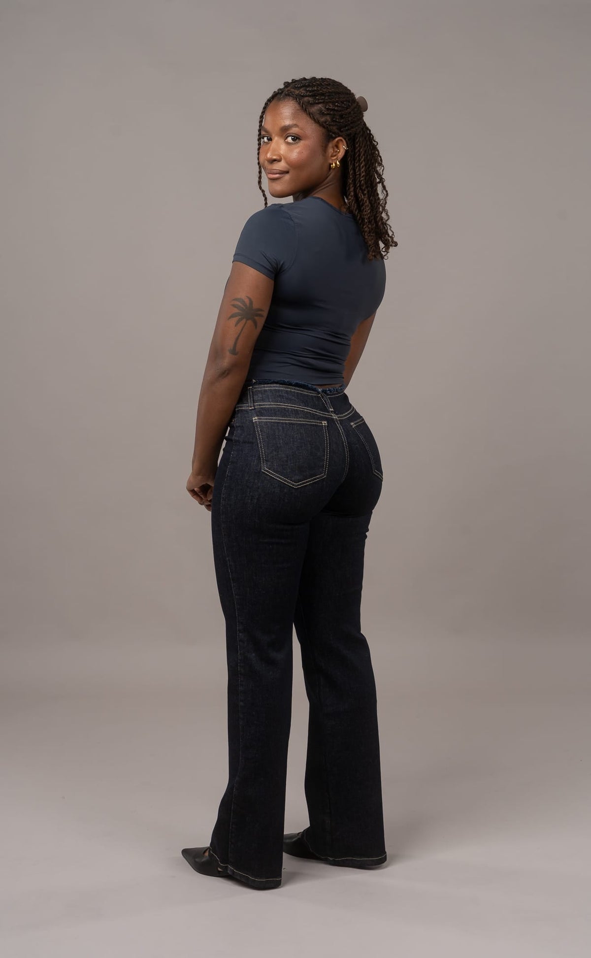 Raw Waist Flared Fitjeans - Dark Blue