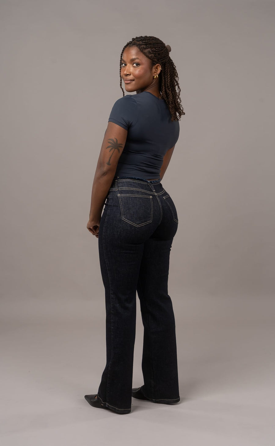 Raw Waist Flared Fitjeans - Dark Blue