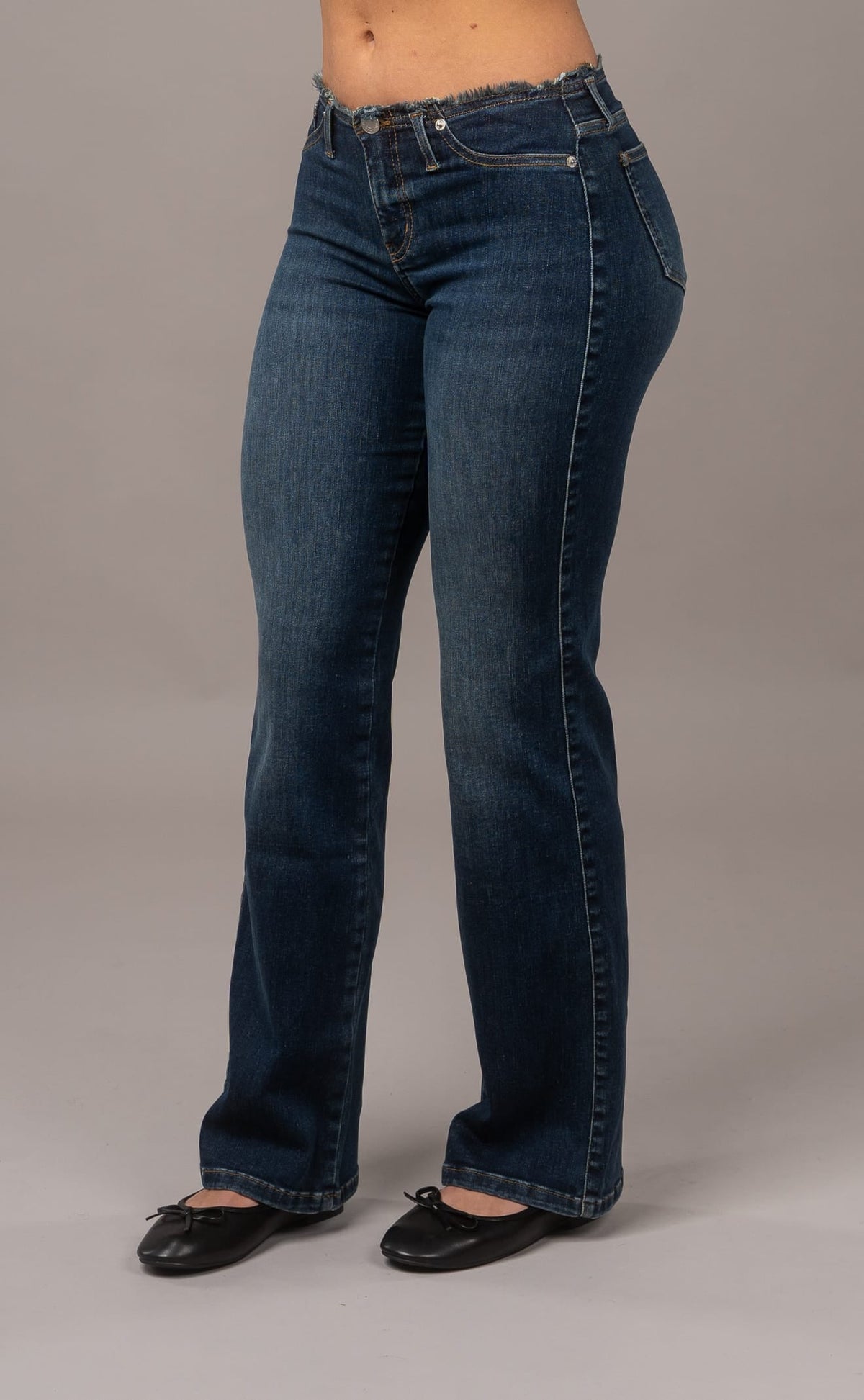 Raw Waist Flared Fitjeans - Deep Blue