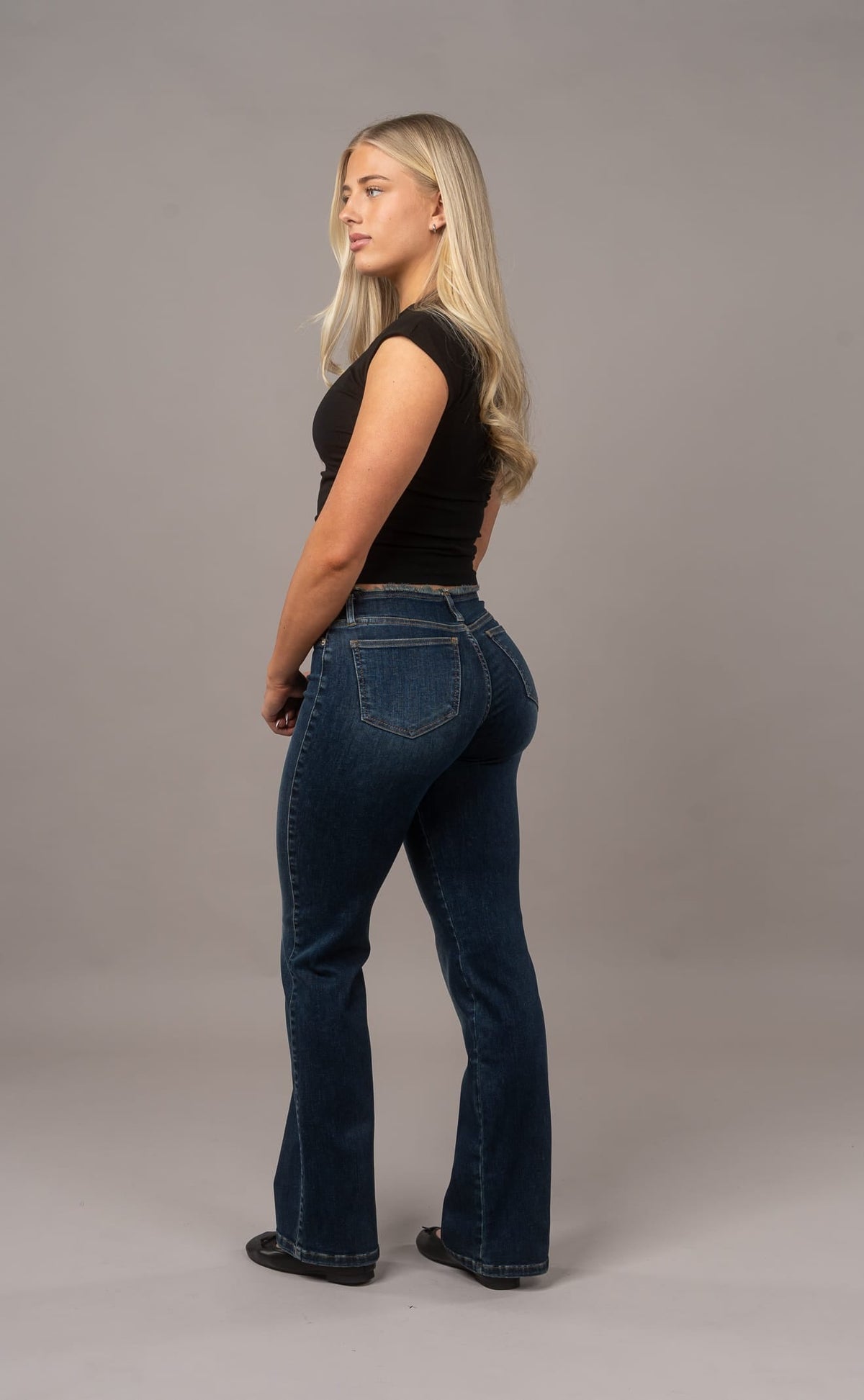 Raw Waist Flared Fitjeans - Deep Blue
