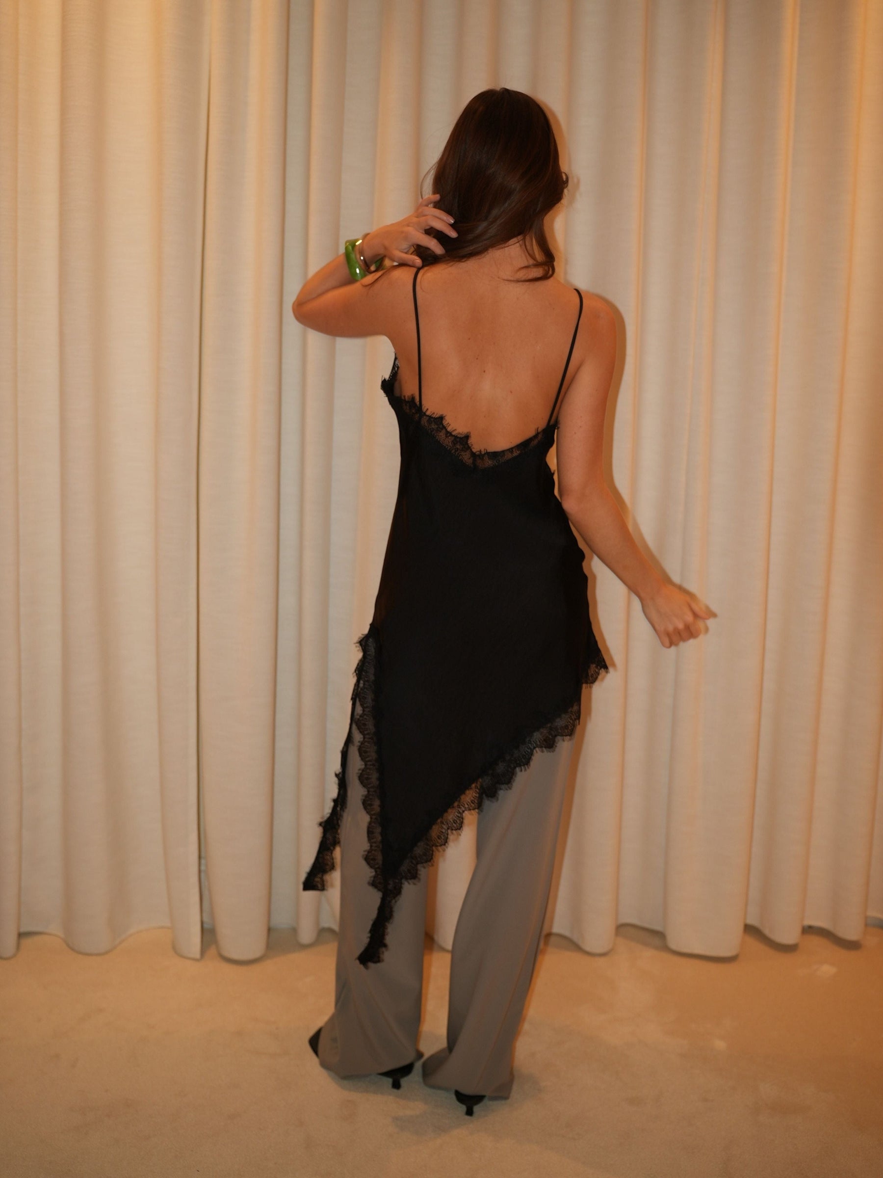 Ester satin lace dress - Black