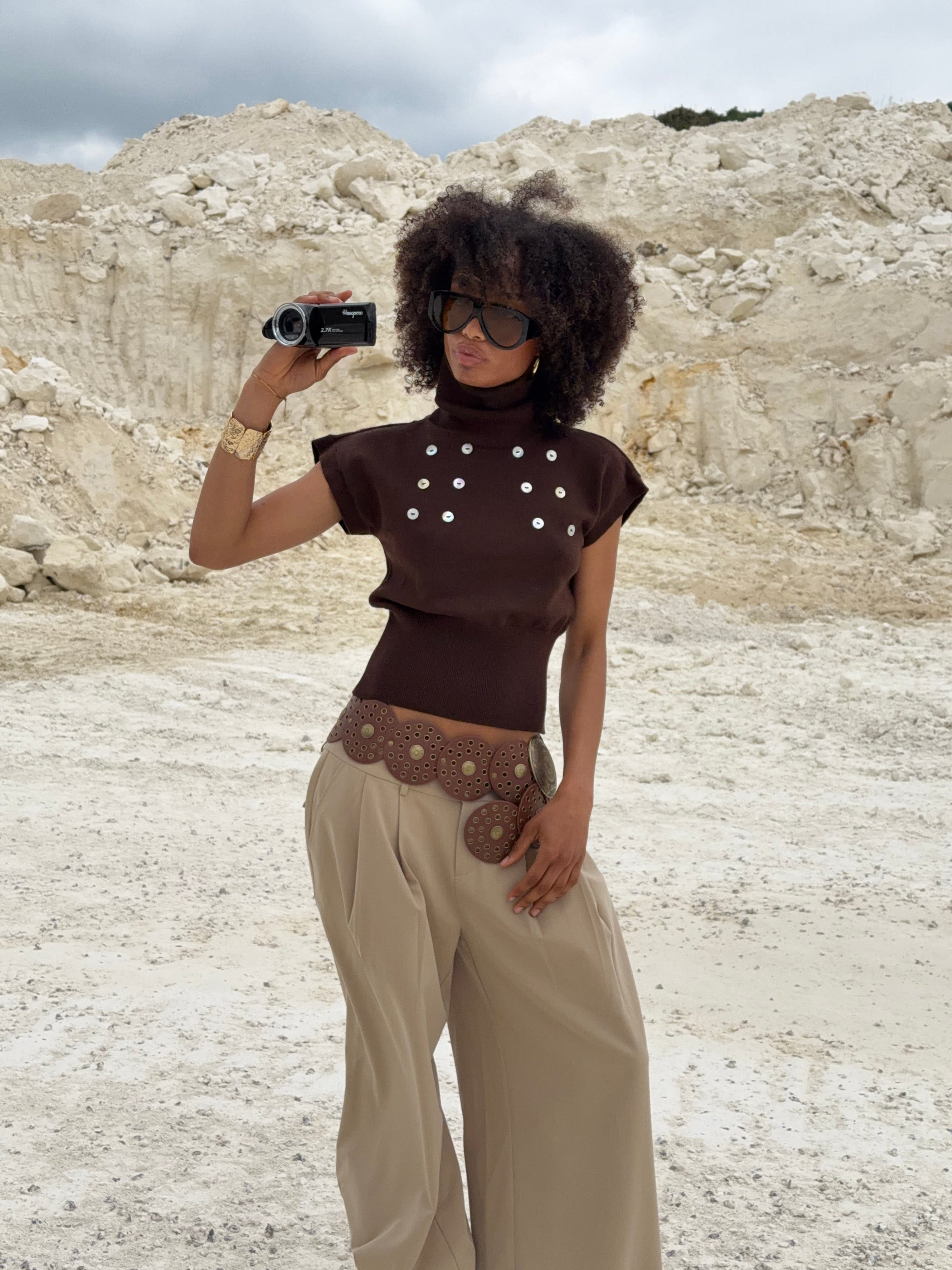 Bea high neck knitted top - Dark brown