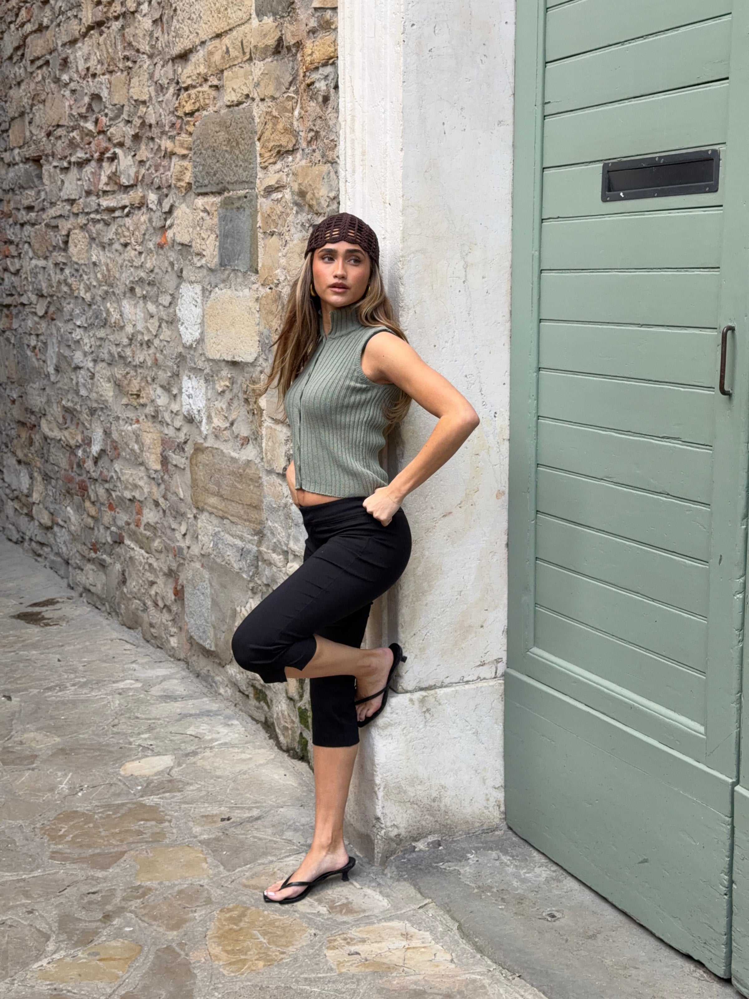 Sigga high neck button top - Sage