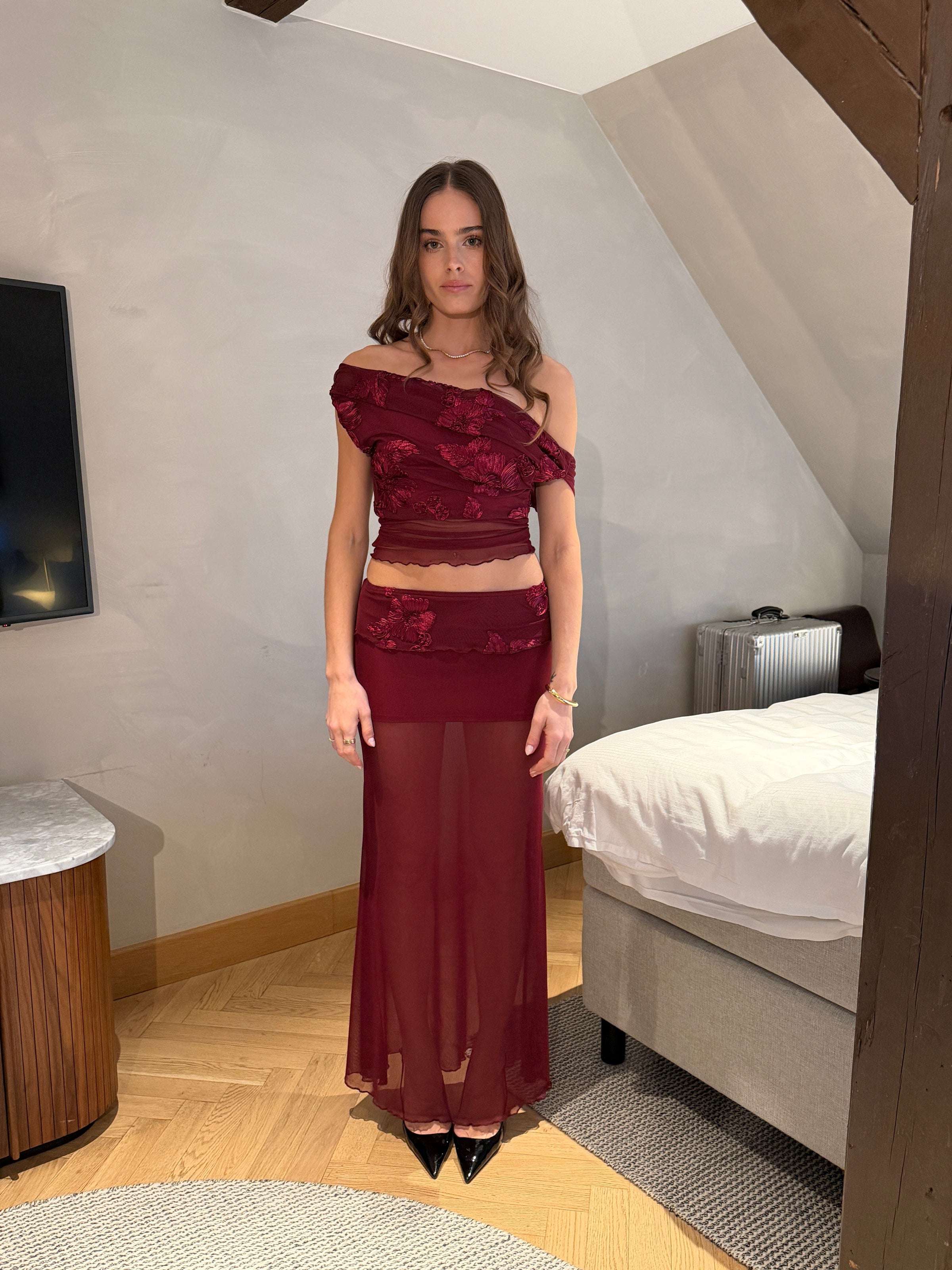 Kivo mesh off-shoulder top - Dark red