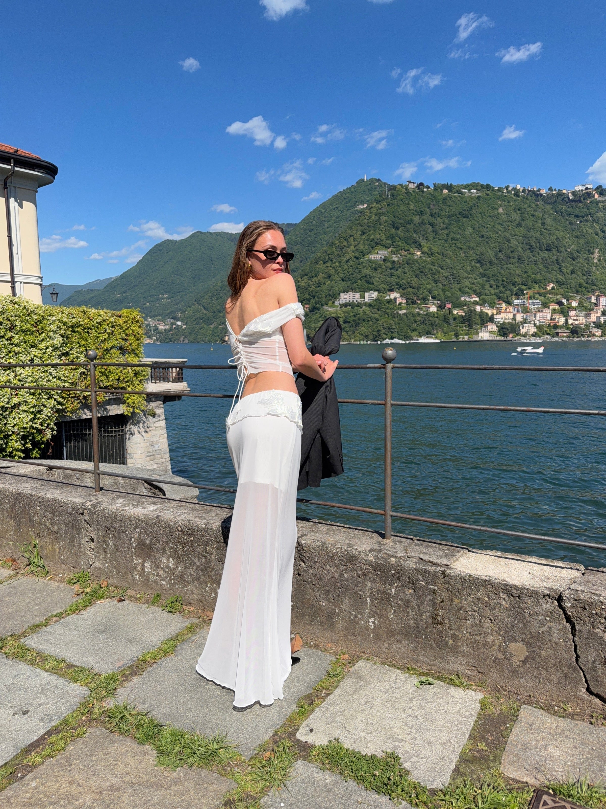 Kivo mesh off shoulder top - White