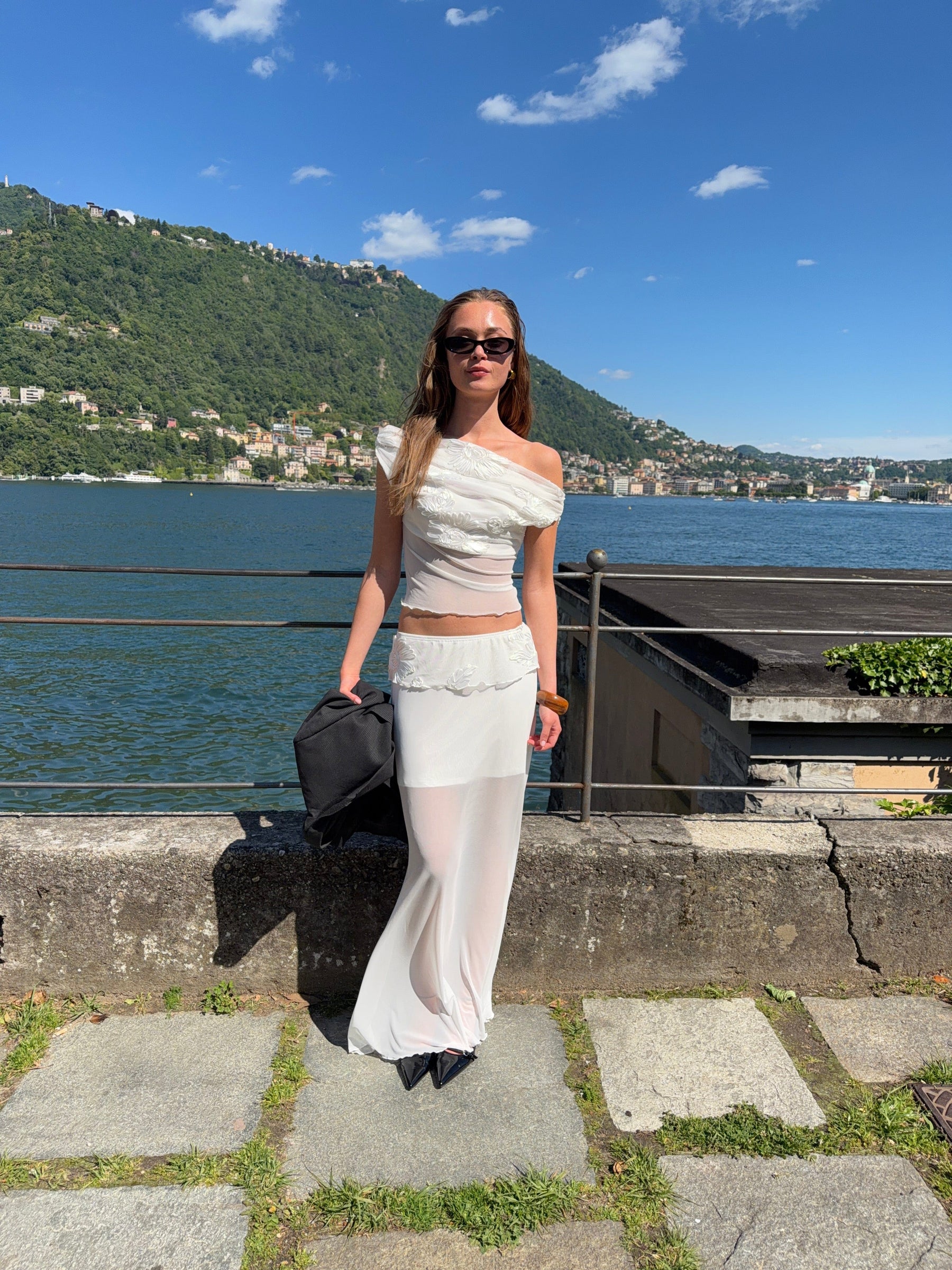 Kivo mesh off shoulder top - White