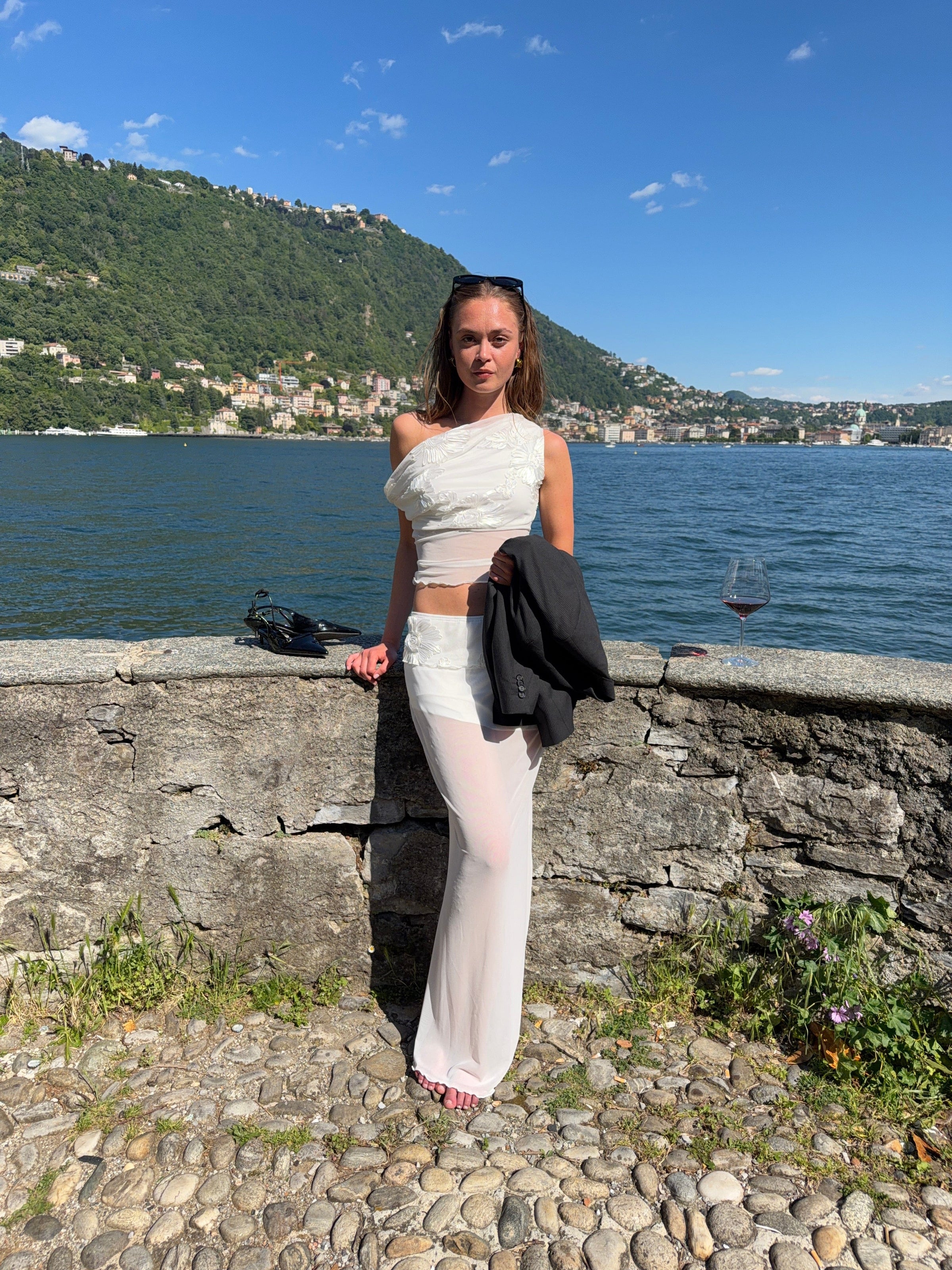 Kivo mesh off shoulder top - White