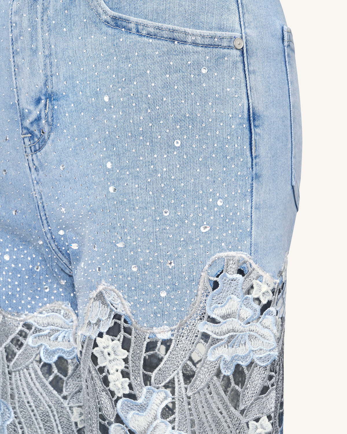 Embroidery High Rise Wide Leg Lace Denim Jeans With Rhinestone - Light Blue