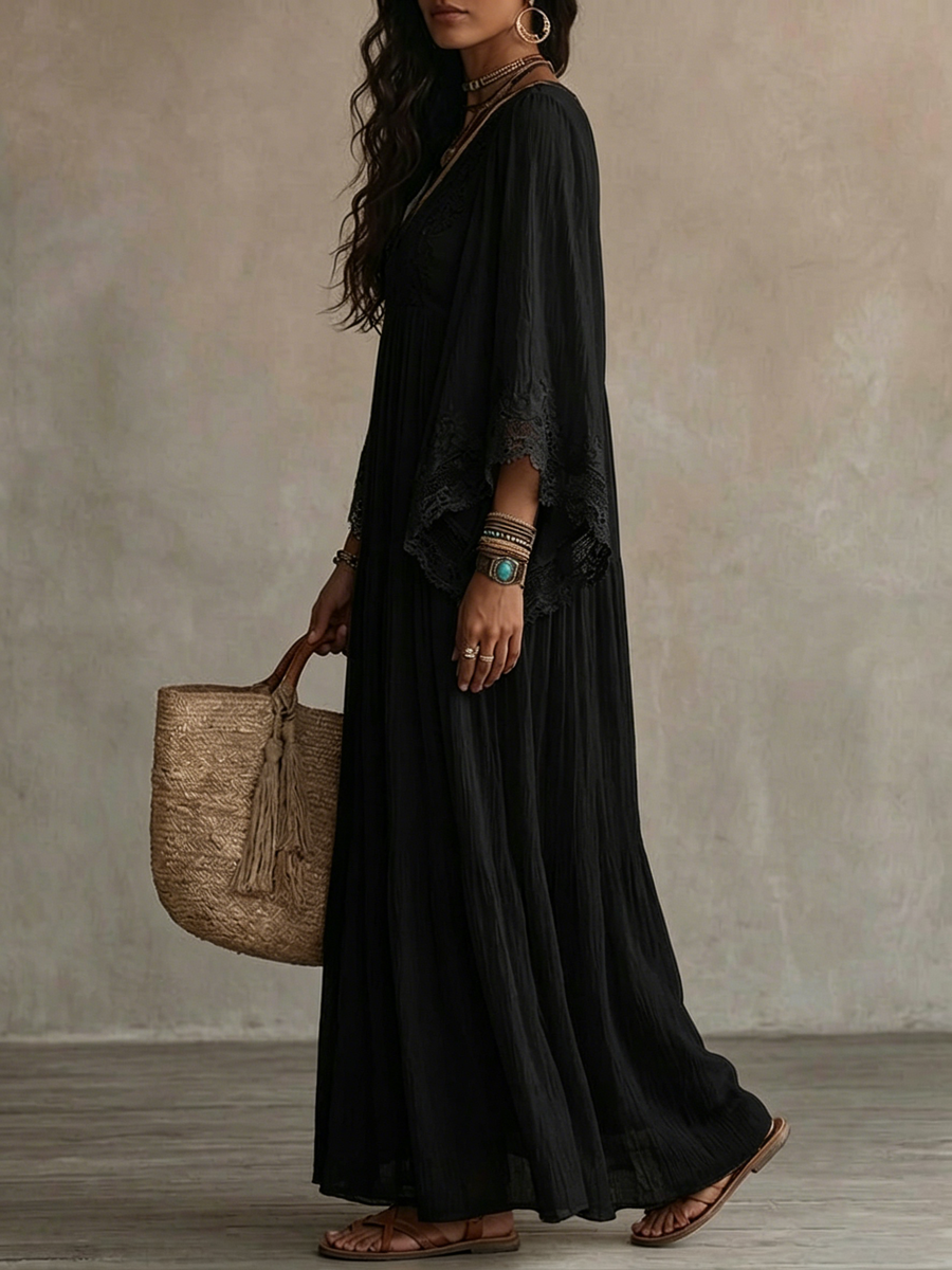 Adelaida| Vestido largo negro con escote en V y mangas de murciélago