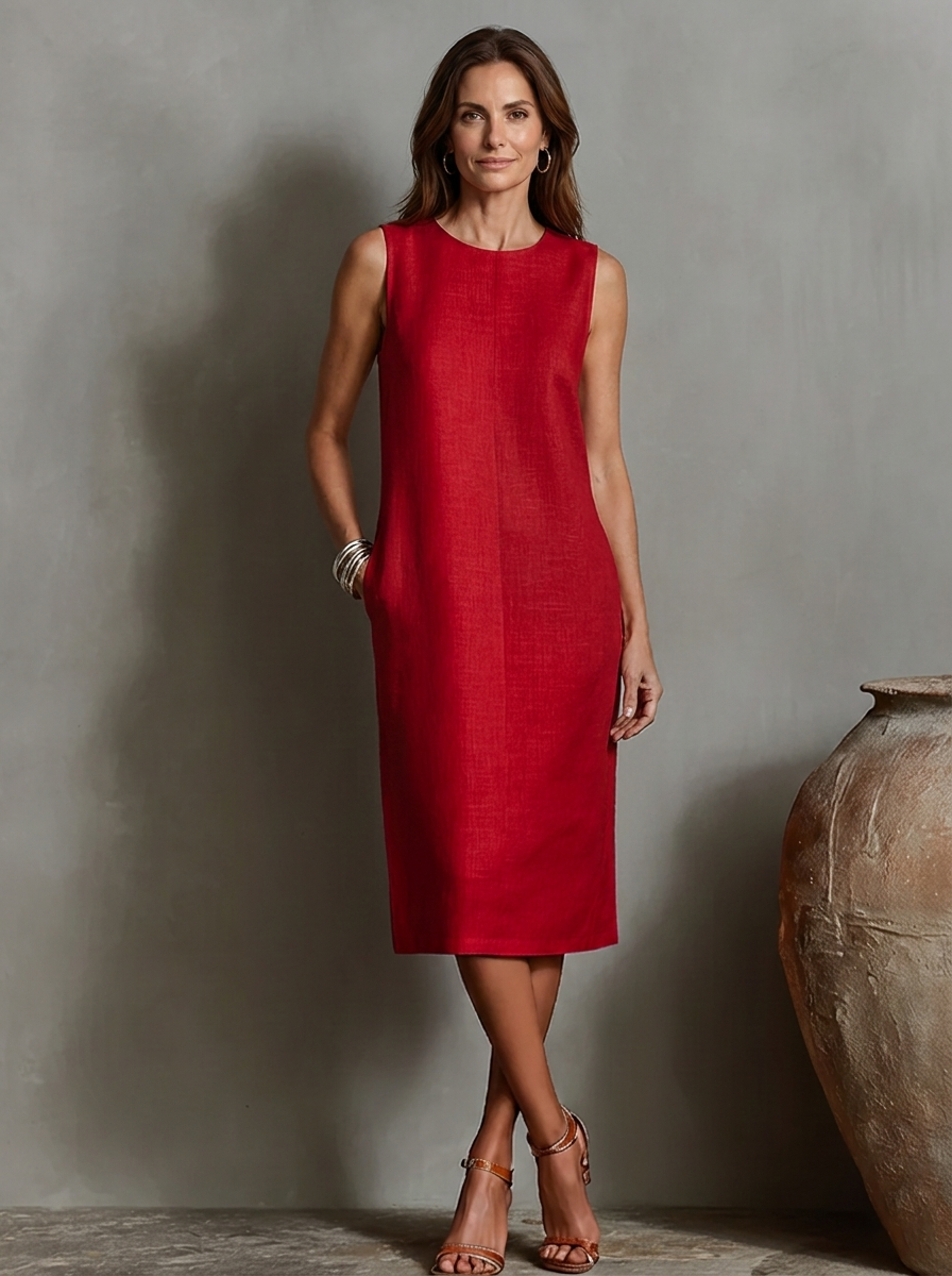 Sofía · Vestido Midi Efecto Lino Sin Mangas con Bolsillos